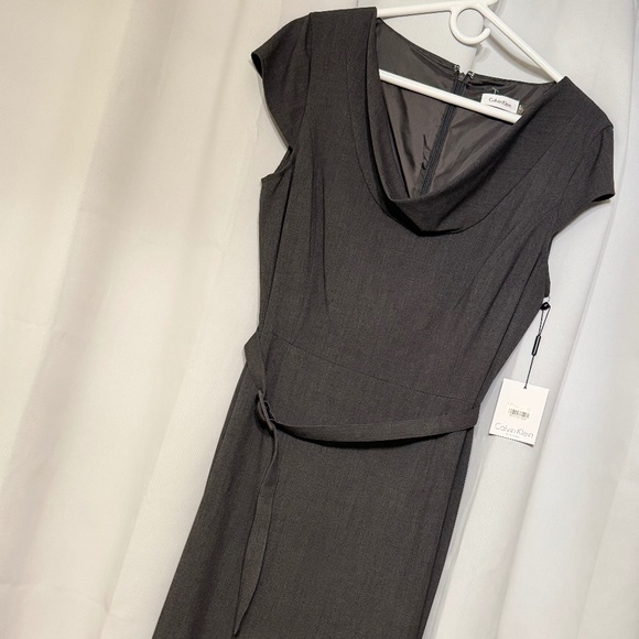 CALVIN KLEIN GRAY WOVEN CAP SLEEVE BELTED DRESS SIZE 12 w/ ORIGINAL TAGS - Picture 3 of 14